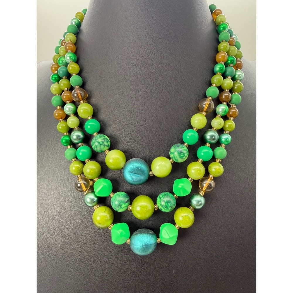 Vintage Japan Triple Strand Beaded Necklace Green Teal Amber Graduated Statement